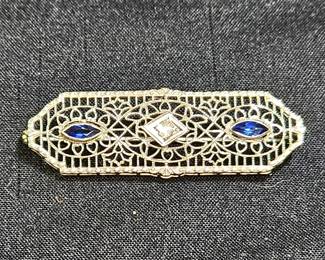 Art Deco 10K White Gold Sapphire & Diamond Brooch