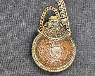 Vintage Metal & Turquoise Snuff Bottle Pendant