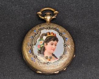 Antique Swiss Polychrome Enamel Pocket Watch