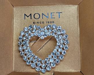Vtg Monet Silver Tone & Rhinestone Heart Brooch