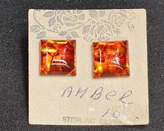 Vintage Sterling Silver Square Amber Stud Earrings