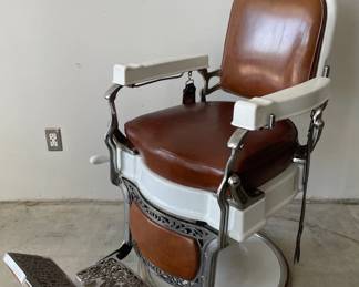1920-30's Koken Barber Chair, Chrome and White Porcelain Enamel Frame, Base & Arms, Brown Leather Upholstery