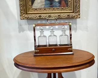 Oval Walnut Parlor Table, Gold Gilt Framed Print, Bar Set