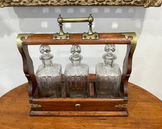 Oak 3 Bottle Tantalus Bar Set with Brass Trim, 1860-80
