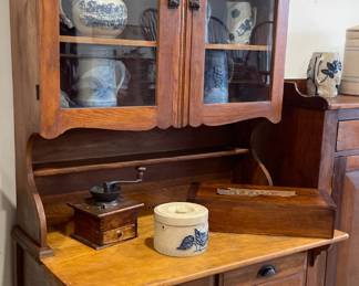 Oak 2 Piece Bakers Cabinet with Possum Belly Drawers, Glass Door Top with Spice Shelf