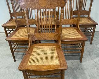 Set of 6 Nice Pressed Back Chairs with Lion's Head & Spindle Back with Caned Seats