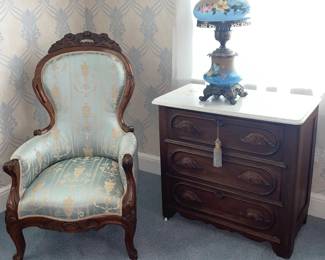 Beautiful Walnut Victorian Parlor Chair, 3 Drawer Marble Top Chest, Floral Parlor Lamp