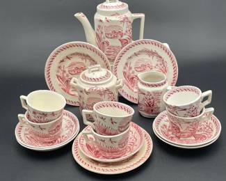 Child's Staffordshire Mulberry Transferware Tea Set, "Water Hens"