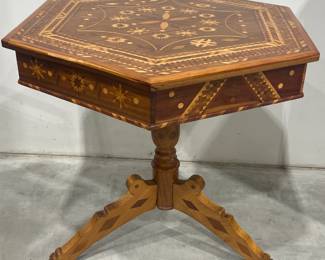 Beautiful Hand Inlaid Pedestal Parlor Table, 6 Sided