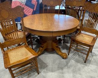 Round Oak Claw Foot Dining Table, Set of 6 Spindle Back, Caned Seat Chairs