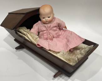 AM Kiddie Joy Baby Doll, Antique Wooden Cradle