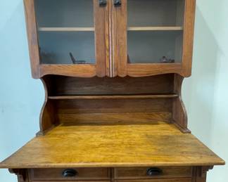 Oak 2 Piece Bakers Cabinet with Possum Belly Drawers, Glass Door Top with Spice Shelf