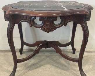 Marble Inset Top Parlor Coffee/ End Table with Fancy Carved Base
