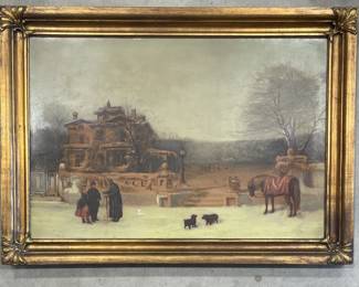 Oil Painting with Victorian Home, Village Scene in Gold Leaf Frame, Unsigned