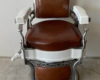 1920-30's Koken Barber Chair, Chrome and White Porcelain Enamel Frame, Base & Arms, Brown Leather Upholstery