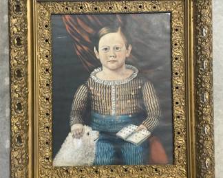 Large Gold Leaf Frame with Early Print of Child and Dog