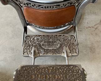 1920-30's Koken Barber Chair, Chrome and White Porcelain Enamel Frame, Base & Arms, Brown Leather Upholstery