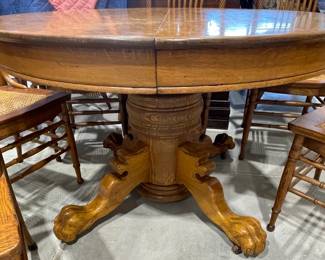 Round Oak Claw Foot Dining Table, Set of 6 Spindle Back, Caned Seat Chairs