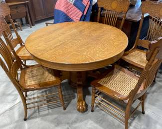 Round Oak Claw Foot Dining Table, Set of 6 Spindle Back, Caned Seat Chairs