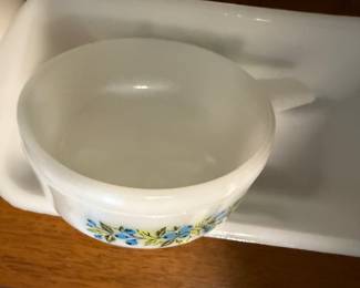 Vintage Jeanette Ovenware Milk Glass "Blueberry" J-2639 Soup Bowl with Handle 14oz