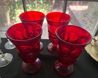 Set of 4 RUBY FOSTORIA HFM 6 5/8" TALL FOOTED ARGUS PATTERN GLASS