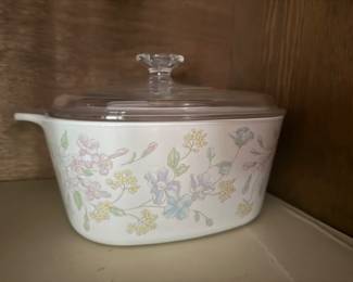 vintage CorningWare casserole dish in the "Pastel Bouquet" pattern