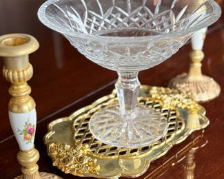 Royal Albert old country rose candle holders, plus brass Trivet and this compote bowl in crystal 