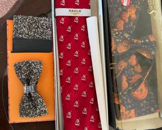 Oh my! Halloween cumberbun and bow tie, santa tie new in box and a all out glitter set 