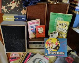 books, speakers, goodies, musical 