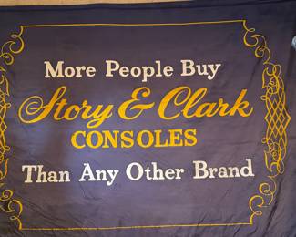 Giant Advertising silk banner! Story and Clark Console Piano with golden fringe (I think its about 4' x 5' big) 