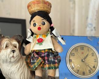 Art deco blue clock and cutest little puppy planter 