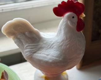 ANtique milk glass rooster dish 