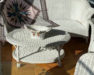 antique wicker sofa and coffee table 