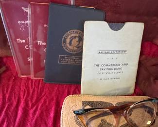 Vintage cat eye glasses, bank books 