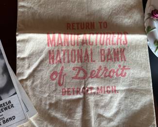 Antique cloth Bank bag form Manufacturers National Bank of Detroit 