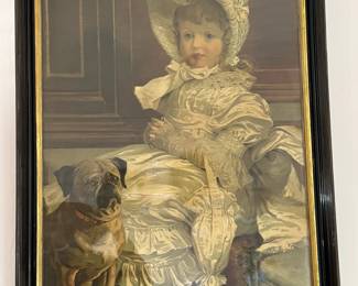 fabulous antique large lithograph of a little girl and her dog. Approx measurement is 32" x 40" h