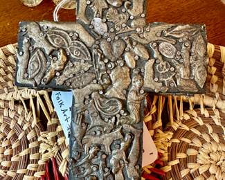 “Milagros Cross” wood with hammered small religious charms….tiny miracles! A form of Mexican folk art.