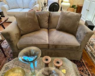 we have TWO of these gorgeous moss green/gray loveseats by Sherrill…they’re both in very very nice condition.