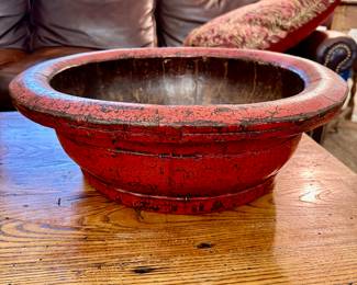 Large 20” W Chinese red lacquerware rice bowl
