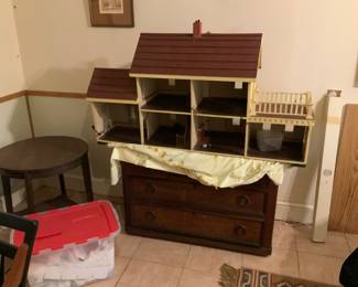 Vintage Doll House and parts (in red tote).