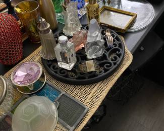 Assorted Vintage Crystal Pieces Including Perfume Bottles & Pink Crystal Top Jewelry Collectible Box