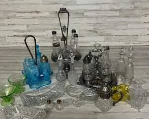 Large Antique & Vintage Cruet & Condiment Caddy Lot – Pressed Glass, Silverplate, Colored Depression Glass Apothocary