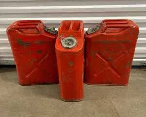 Vintage US Military Red Jerry Gas Cans – Lot of 3 – Steel Fuel Containers w/ Latch Lids