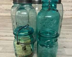 Lot of 7 Vintage Ball Mason & Ball Ideal Canning Jars – Aqua Blue Glass, Zinc & Wire Lids