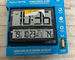 AcuRite Atomic Digital Wall Clock Large Display Indoor Outdoor Temp Wireless Sensor