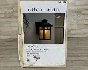 Allen + Roth Thorsen 11” Outdoor Wall Light Matte Black Clear Seeded Glass
