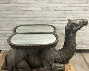 Vintage Bronze Camel Figural Table with Dual Mirrored Top Ornate Middle Eastern Design