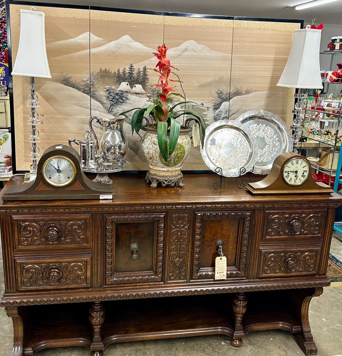 Jacobean Console, Japanese Silk Folding Screens, Mantle Clocks and more!