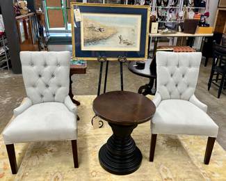 Ultra suede tufted occasional chairs and Drexel side table.