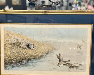 "Mallards Pitching In" by Leon Danchin (1887-1939) hand-tinted etching beautifully framed.